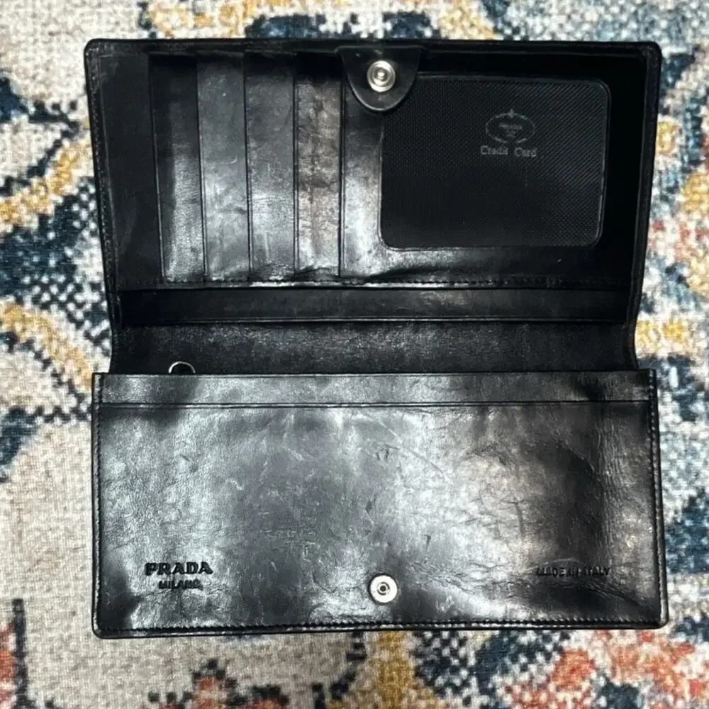 Prada Milano Vintage Black Leather Men's Long Continental Wallet Logo Italy